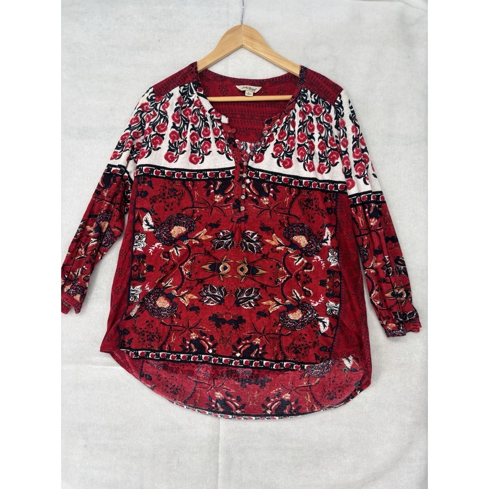 Lucky Brand Tunic Top Womens Medium Henley Floral Boho Hippie Festival